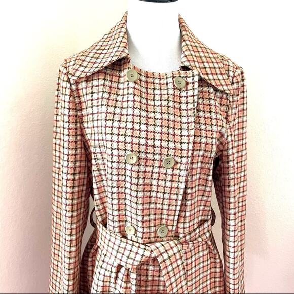 1970s UK-Inspired Plaid Trench Coat & Flounce Skirt Set Belted 2-Piece Gingham - Picture 12 of 16